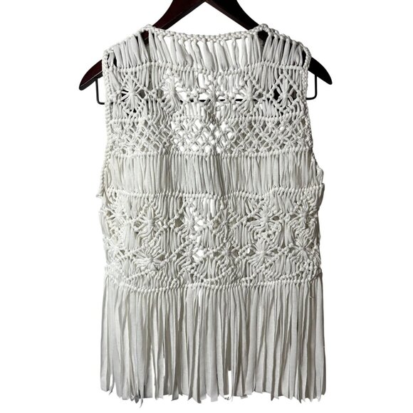 Handmade Crochet Fringe Vest Boho Style Open Front White Sleeveless Womens Small - Picture 3 of 6